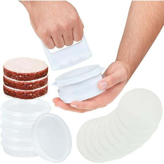 WarmHaven Hamburger Press Patty Maker - 4 in1, Burger Mold, Patty Press, 4 Storage Containers, 100 Round Papers - Hamburger Patty Maker Tool for BBQ - Burger Shaper for Meat, Veggie Patties