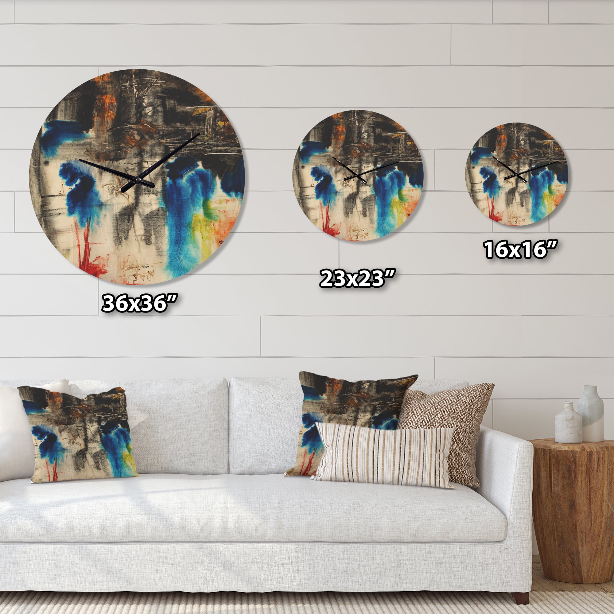 Designart 'Blue Black and Yellow Pattern ' Modern Wood Wall Clock
