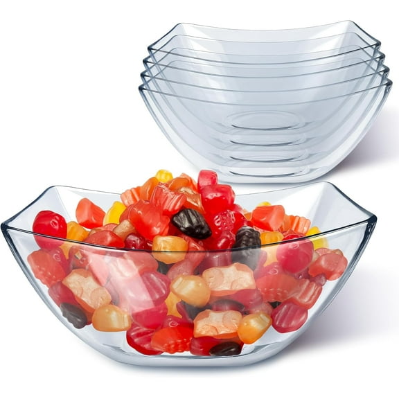 16oz Clear Plastic Serving Bowls, 4 Pack – Small Square Disposable Candy Dishes, Buffet Containers for Chips, Snacks, Mints, Salad Bar, Parties, Office, Bridal Shower, Party Supplies