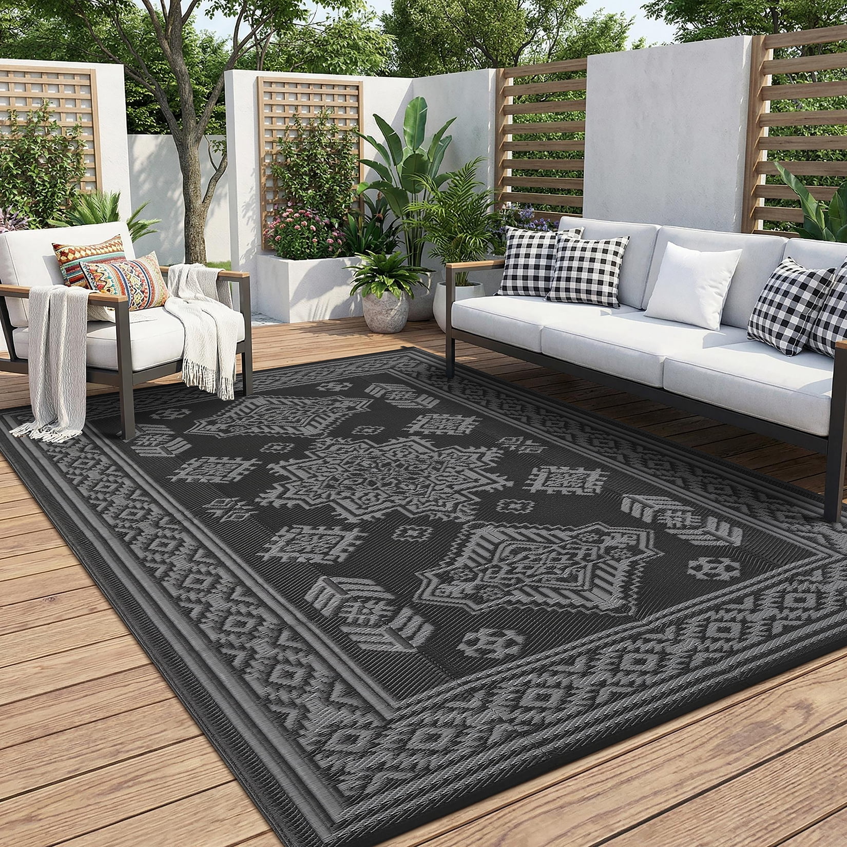 Nanan 9'x18' Indoor Outdoor Rug Boho Waterproof Plastic Straw Patio Rug, Reversible RV Camping Carpet for Backyard, RV, Deck, Porch, Balcony, Black