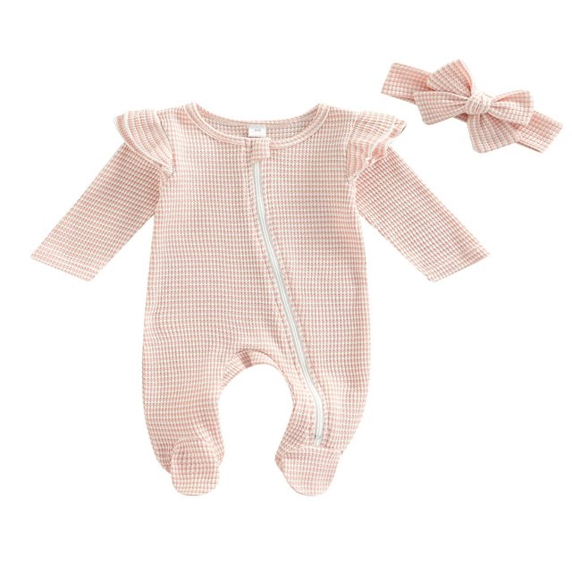 Baby Girls Romper Suit Long Sleeve Zipper Ruffle Patchwork Casual Party Street Spring Romper+Headband