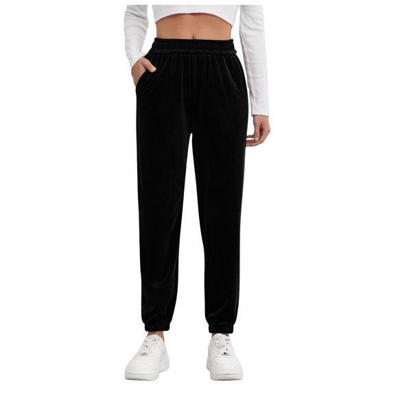 Fsqjgq Sports Pants for Women Slim Leg Sweatpants with Pockets Velour Elastic Waist Joggers Woman Trousers