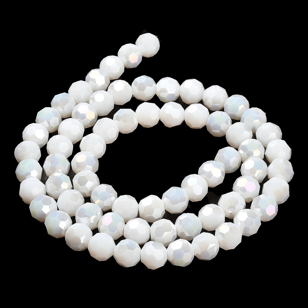 20strands Opaque Glass Beads Stands AB color Faceted(32 Facets) Round White 8x7~7.5mm Hole: 1.5mm about 66pcs/strand 18.82~19.06 inch(47.8~48.4cm)
