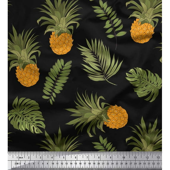 Soimoi Black Poly Georgette Fabric Monstera Leaf & Pine Fruits Print Fabric by The Yard 42 Inch Wide
