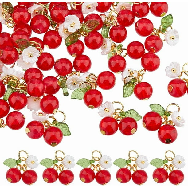 50 piezas de dijes de cereza roja de vidrio, dijes colgantes de frutas, colgantes de flores y hojas de acrílico a granel, dije de cereza 3D con lazo, lindo dije de cerezas en miniatura.