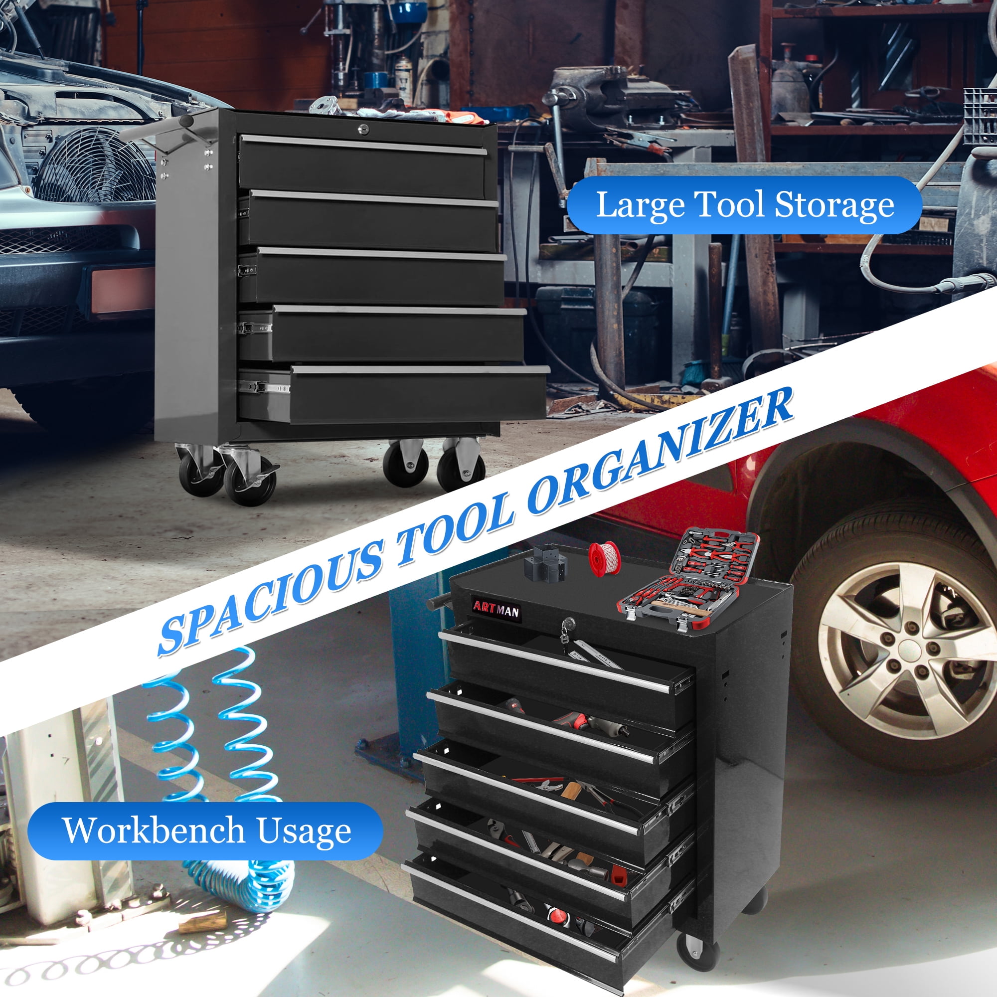 Tool Chest on Wheels, 5-Drawer Rolling Tool Box with Workbench Top, Multifunctional Tool Storage Organizer for Garage, Warehouse, Workshop