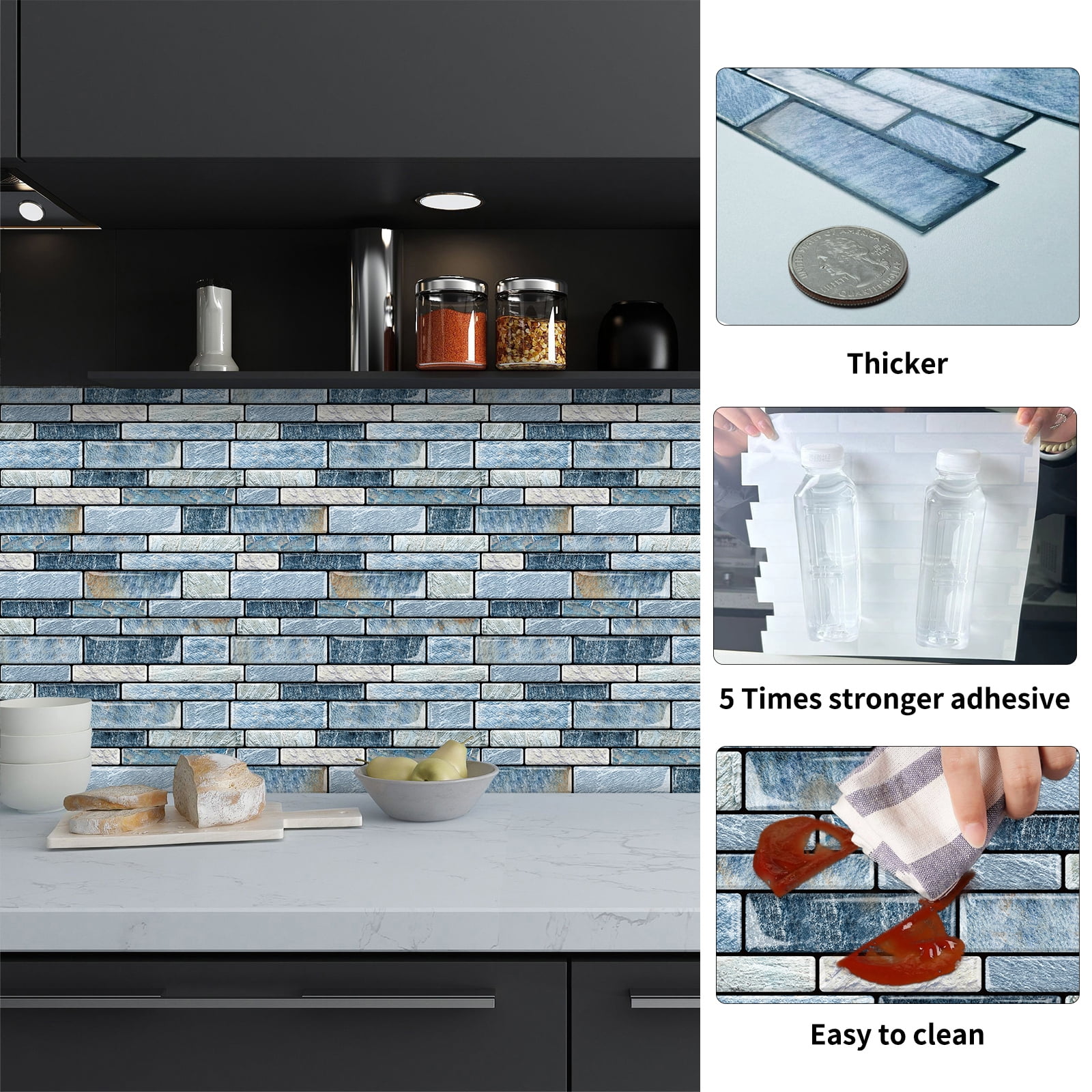 DEWOO 10-Sheet Peel and Stick Kitchen Backsplash Tiles, 12"x12" Self-Adhesive Marble Blue Wall Tiles for Kitchen and Bathroom(Blue Marble)