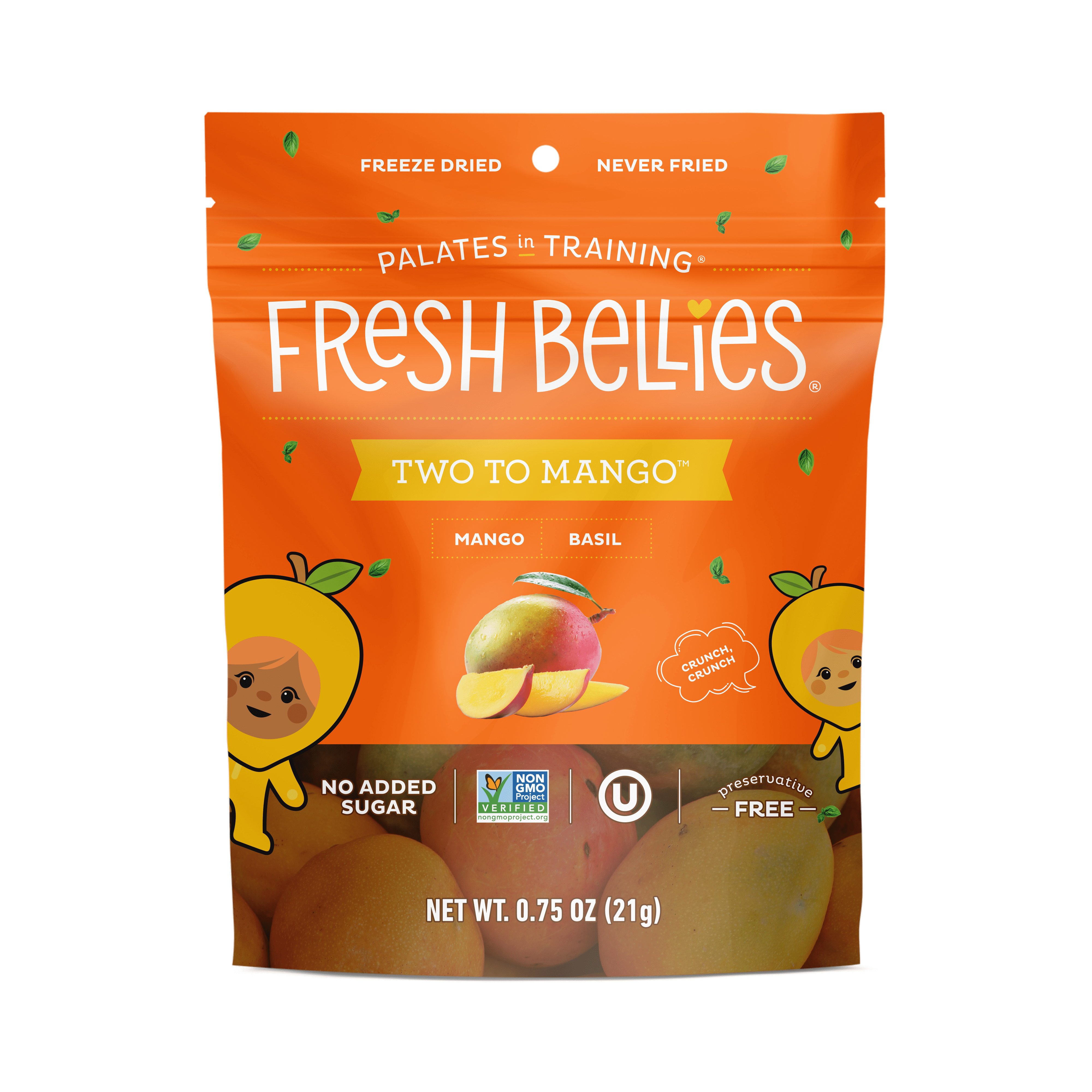 (4 pack) Fresh Bellies Two to Mango & Basil Freeze-Dried Toddler Snack, Resealable Pouch, 0.75 oz, 3 Ingredients, Vegan, Gluten-Free