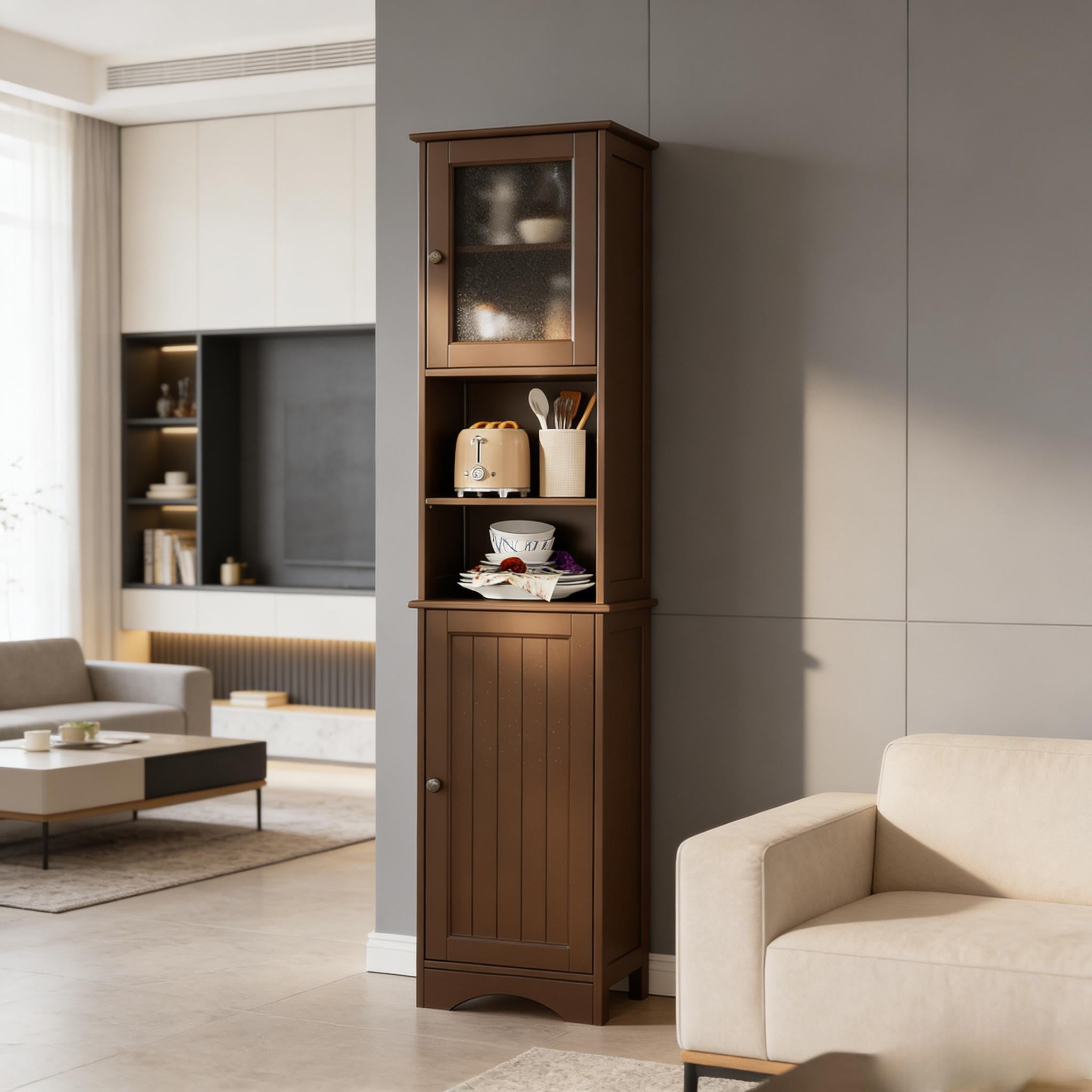 Tall Bathroom Storage Tower, 67.1" Bathroom Cabinet with Adjustable Shelves and Open Shelves for Bathroom, Living Room, Brown