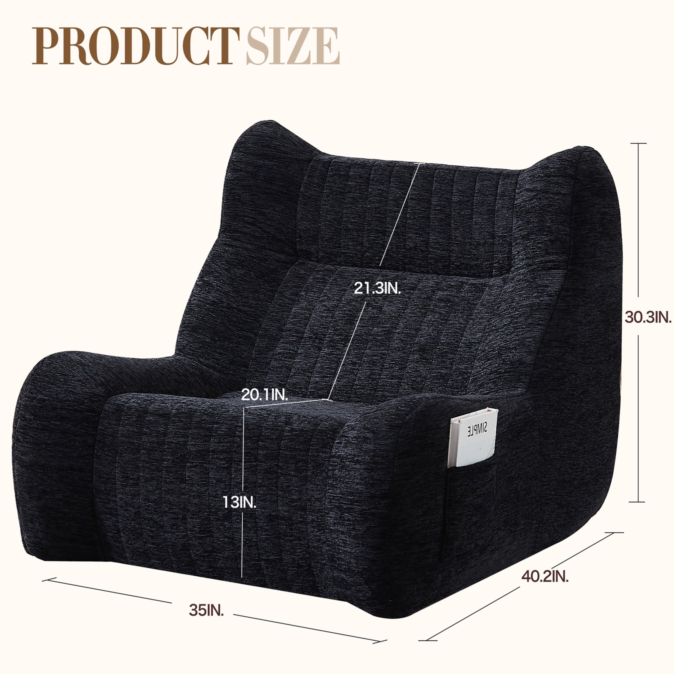 Noble House Oversized Bean Bag Chair with Armrests, Comfy Lazy Floor Accent Sofa for Living Room & Bedroom, Black