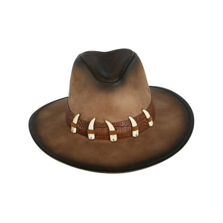 - Men's Distressed Faux Leather Western Hat with Faux Animal Teeth, Brown