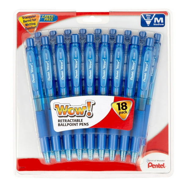 Pentel Wow! Ballpoint Pen, 1.0mm Medium Blue Line, NEW Ink, 18Pk