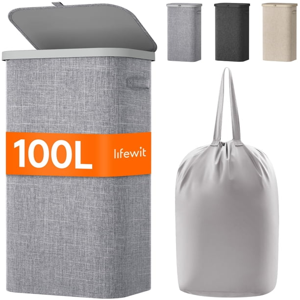 Cesto de ropa Lifewit de 100 litros con tapa y bolsa extraíble, color gris claro
