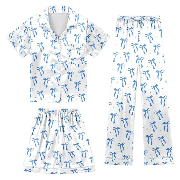 SonxaHe Toddler Girls Outfits Satin Silk Bow Print Short Sleeve Shirt Shorts Pants Kids Sleepwear Comfy Loungewear Outfits,3-Piece Blue,Sized 3-4