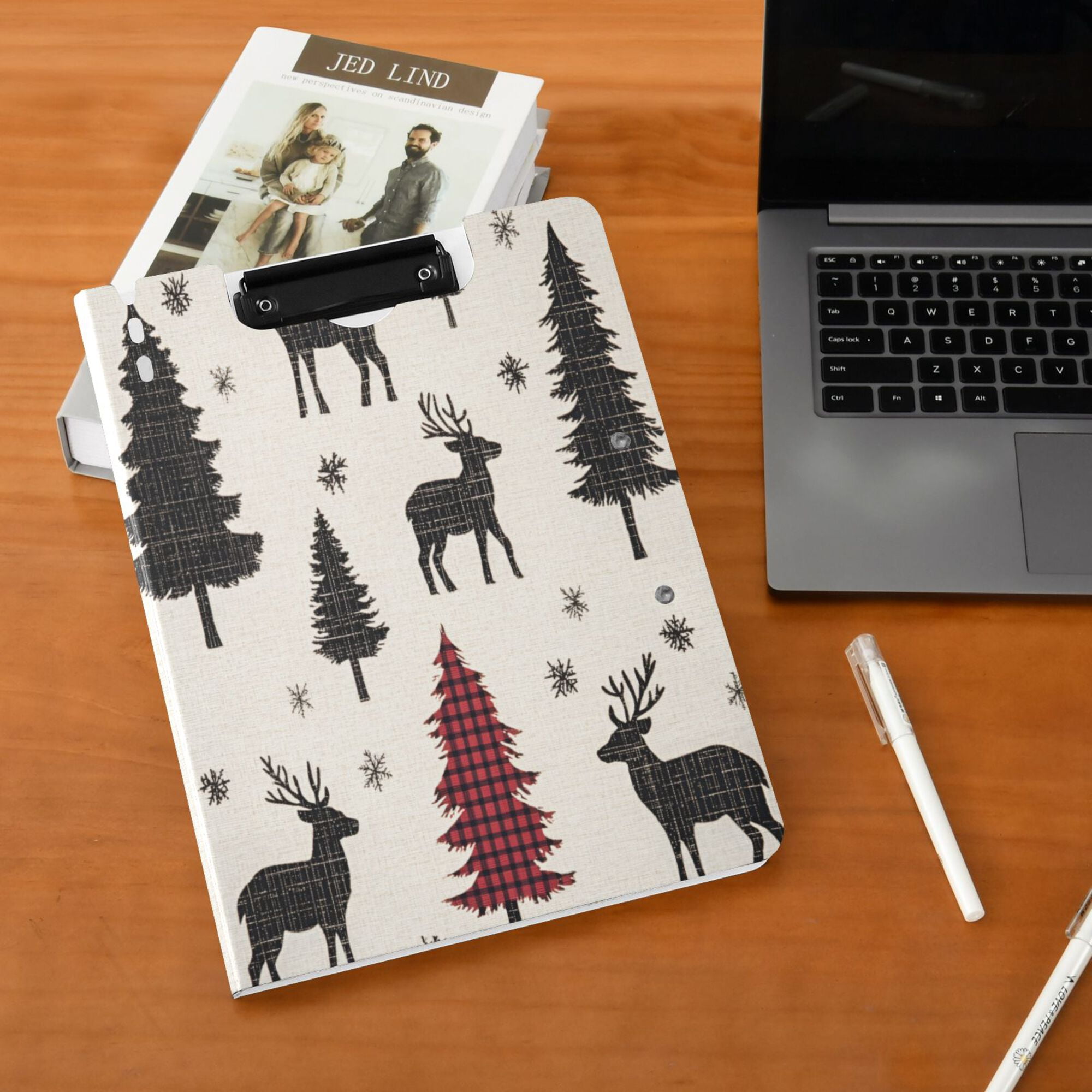 FORMRS A4 Clipboard Folder with Pen Holder Horizontal Foldable School Office Binder, Christmas Plaid Forest