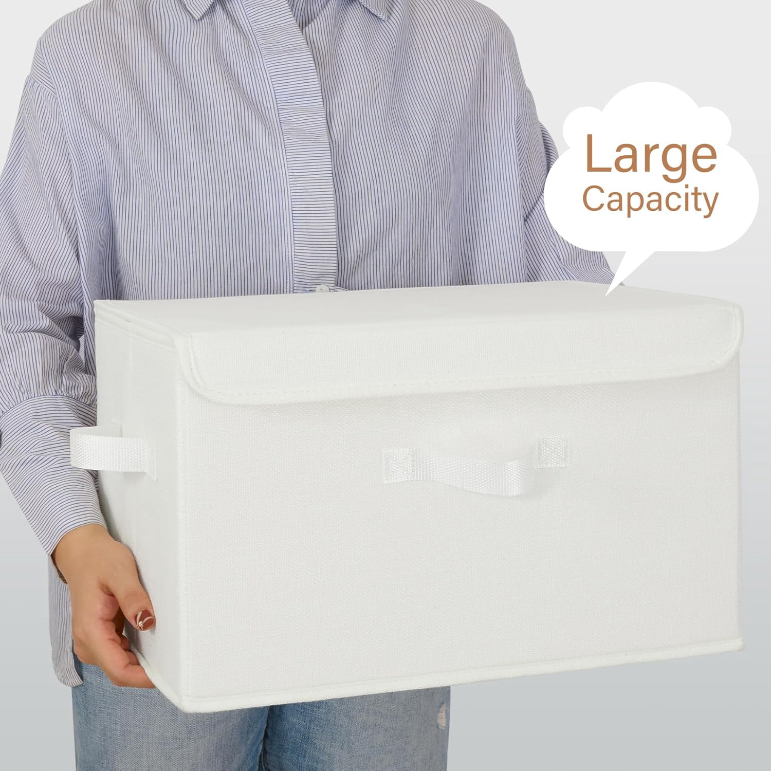 GRANNY SAYS Large Fabric Storage Bins with Lids, Keepsake Box, Collapsible Closet Organizers, White, 2-Pack