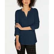 Charter Club Women's Petite Supima Cotton Split-Neck Top Blue Size Small