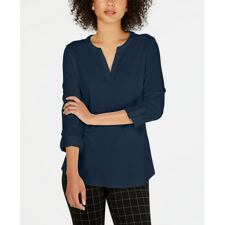 Charter Club Women's Petite Supima Cotton Split-Neck Top Blue Size Small