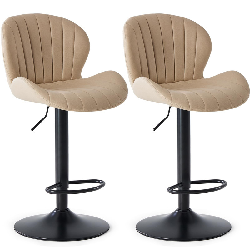 Kelno Swivel Bar Stools Set of 2 Adjustable Height Linen Seat with Backrest 360° Swivel for Kitchen Island, Beige