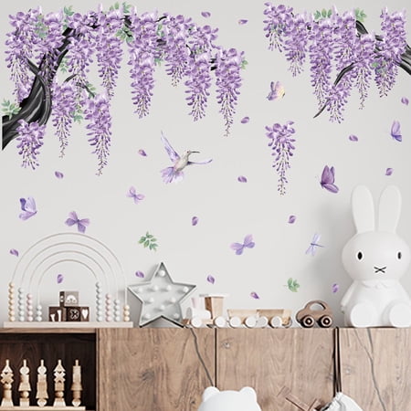 65x42 Inch Large Watercolor Black Tree Branch Wall Decals DIY Removable Wall Stickers with Purple Flowers Vines, Butterflies & Birds, Wall Art for Living Room, Nursery Decor