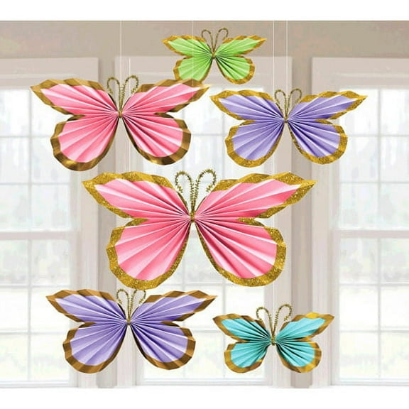 Butterfly Fan Decorations, Multicolor & Pink, 6pc