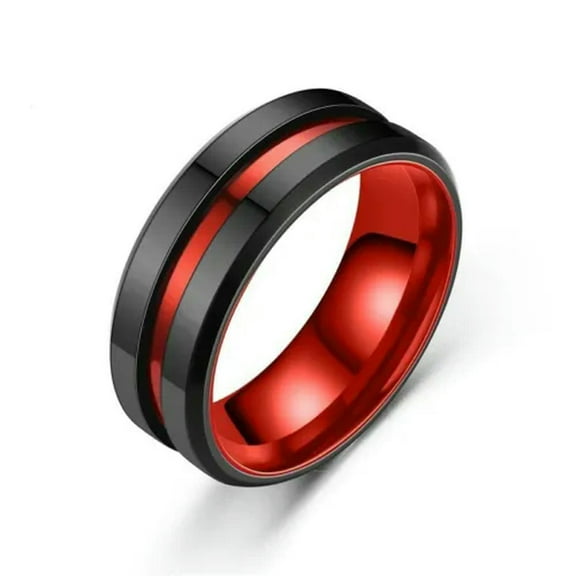8MM Red Black Polished Titanium Steel Band Male's Stainless Steel Ring Size 6-13
