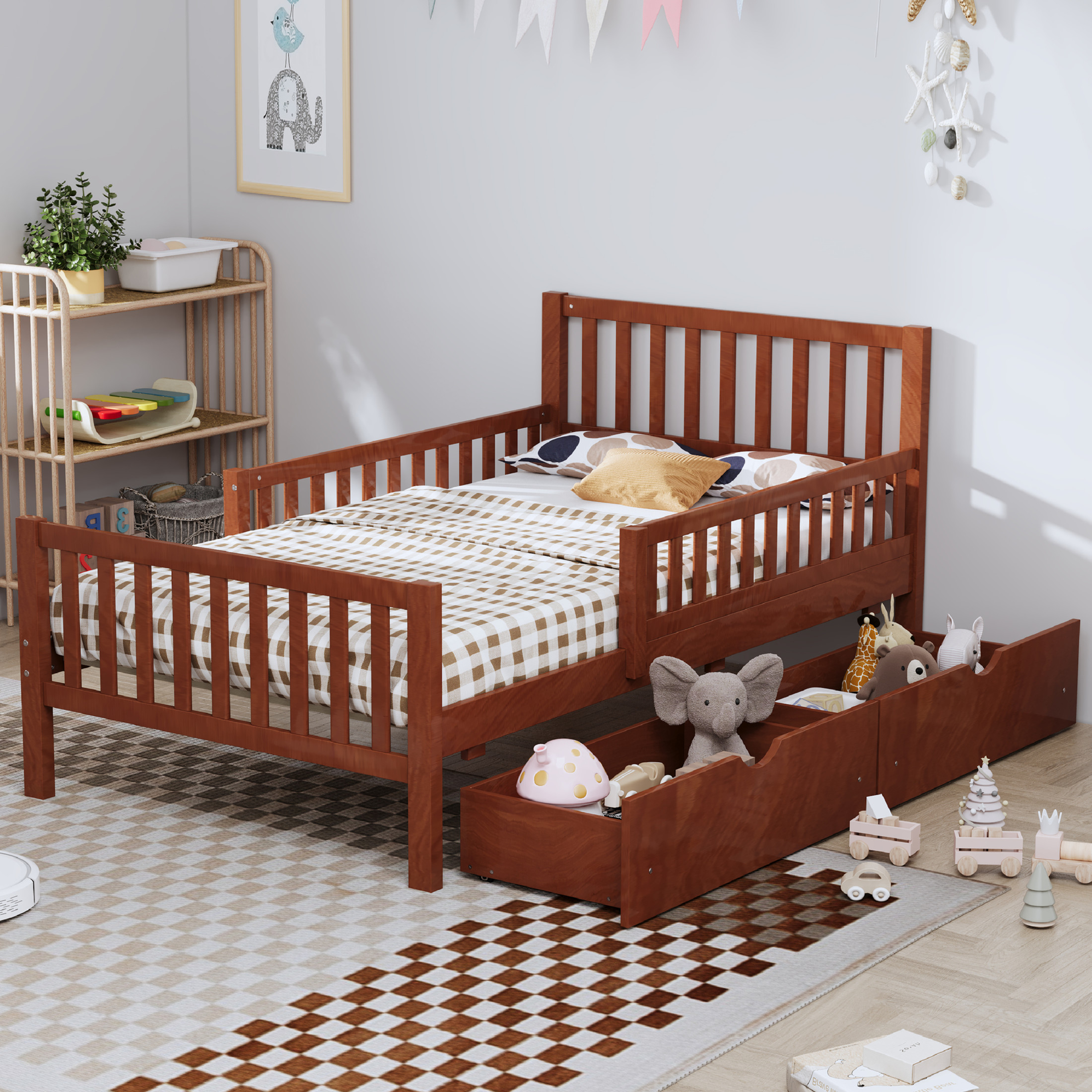Noble House Twin Size Wood Platform Bed with Guardrails on Both Sides and Two Storage Drawers,Walnut