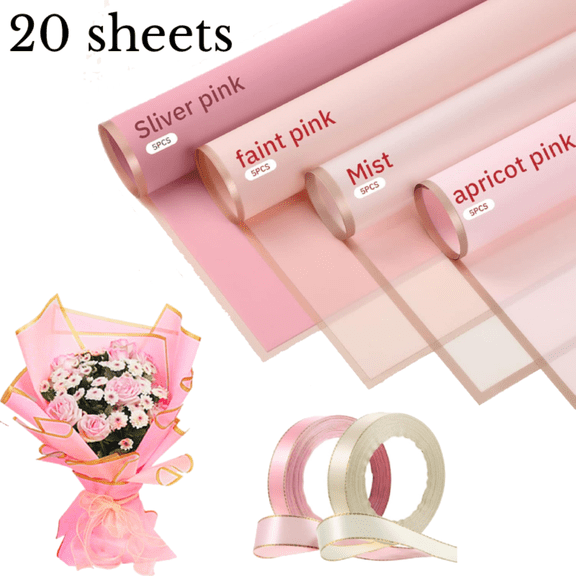 20 Sheets Flower Bouquet Wrapping Paper Pink Wrapping Paper Floral Paper Waterproof Wrapping Paper for Flower Bouquet,Pink Gift Wrapping Paper for Birthday,Wedding Decor-Gold Edge