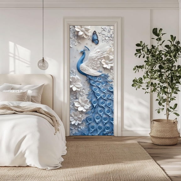 1set 2 Pcs Self-Adhesive Door Sticker 31.5"x78.7" Peacock Pattern Animal Door Murals Stickers PVC Door Removable Wallpaper Decoration for Bedrooms ​Living Room