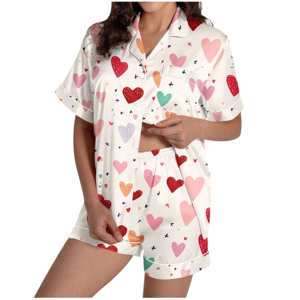 Set de Pijama Suave para Mujeres, Estampado de Pie Cuello de Bolsillo con Pantalones Cortos