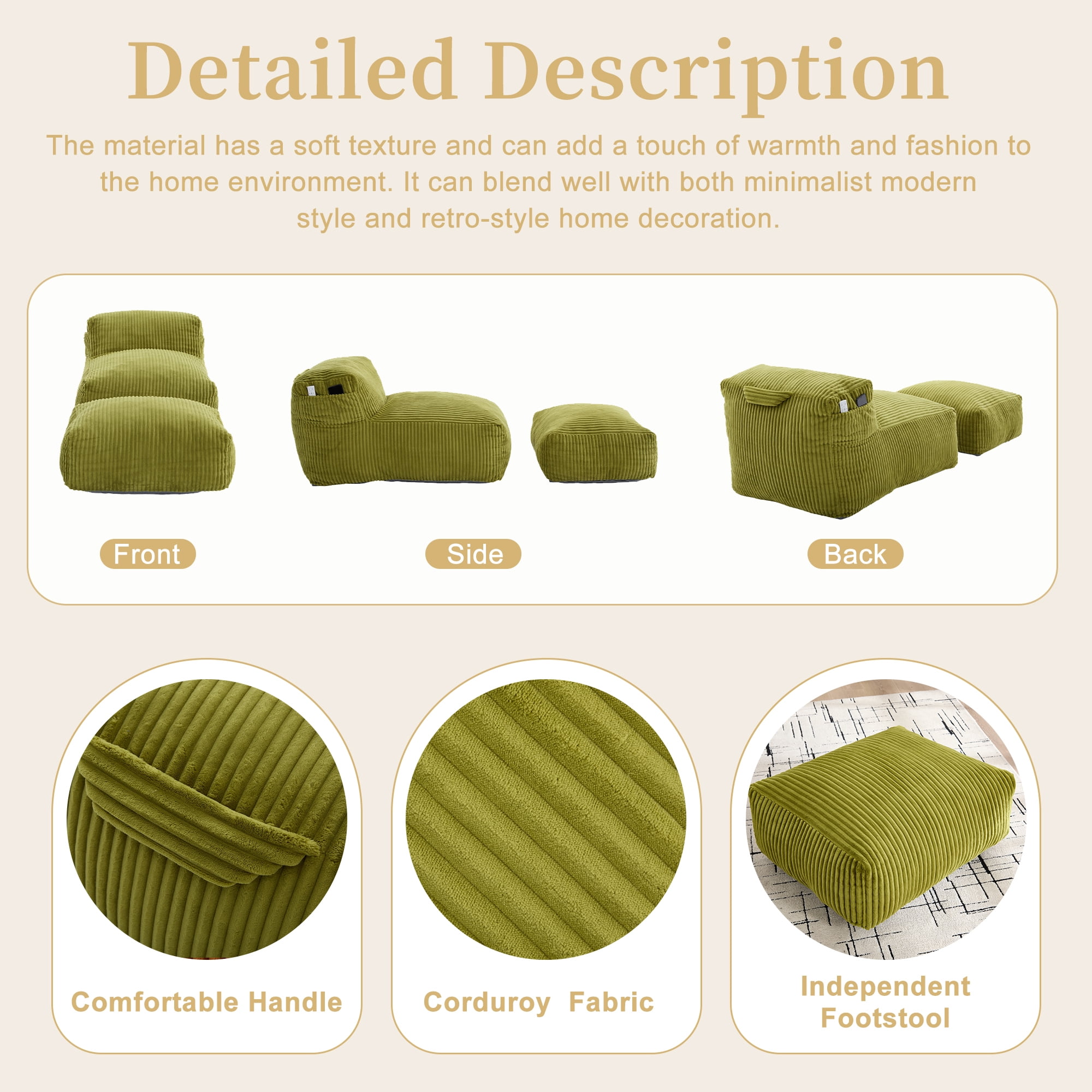 Avobird Big Bean Bag Chair, Lounger Large Bean Bag Sofa With ottoman, Memory Foam Filled Beanbag Chair for Living Room Bedroom, Ergonomic Support & Premium Com, Olive