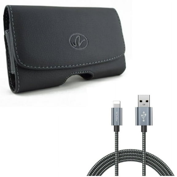Charger Cord 10ft USB Cable w Leather Case Belt Clip for iPhone XS Max/8 PLUS/7 Plus/6S Plus/6 Plus - Power Wire Braided Long Sync and Swivel Holster Loops Cover Pouch