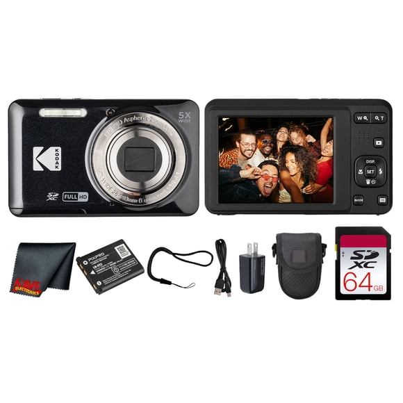 Kodak PIXPRO FZ55 Digital Camera (Black) (FZ55BK) + 64GB Card + Case + Cleaning Cloth