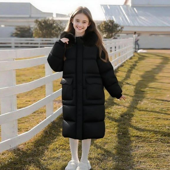Girls Winter Jacket Thick Hooded Coats Warm Long Windproof Parka Coat Puffer Coat Padded Overcoat Outerwear Fleece Lined Kids Padded Jacket for Girls & Boys Autumn, Winter Clothes Black 13-14Years