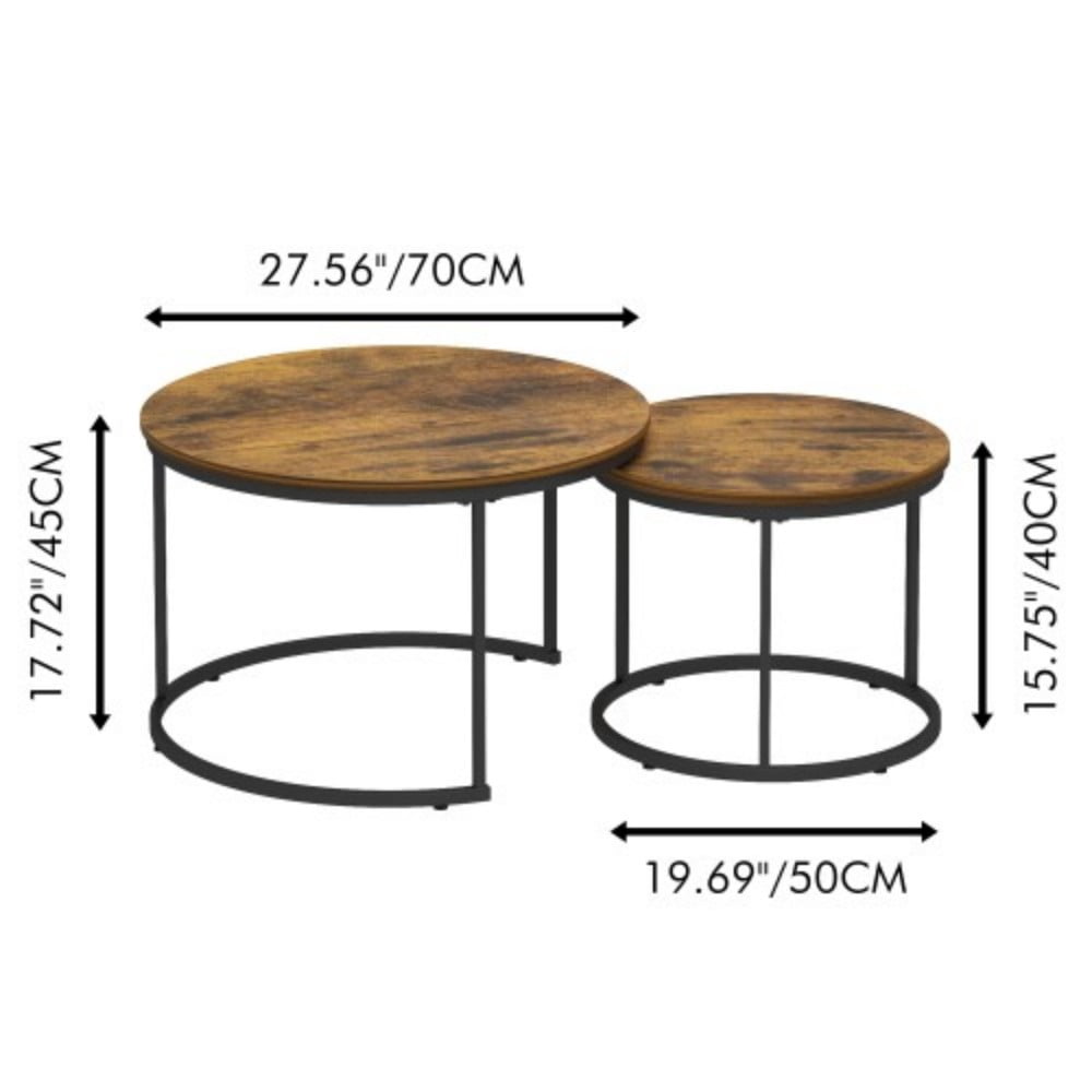 27.6" Nesting Coffee Table Set of 2, Round Wood Marble Pattern Top with Sturdy Metal Frame, Stackable End Tables for Living Room, Bedroom, Office, Rustic Brown & Black