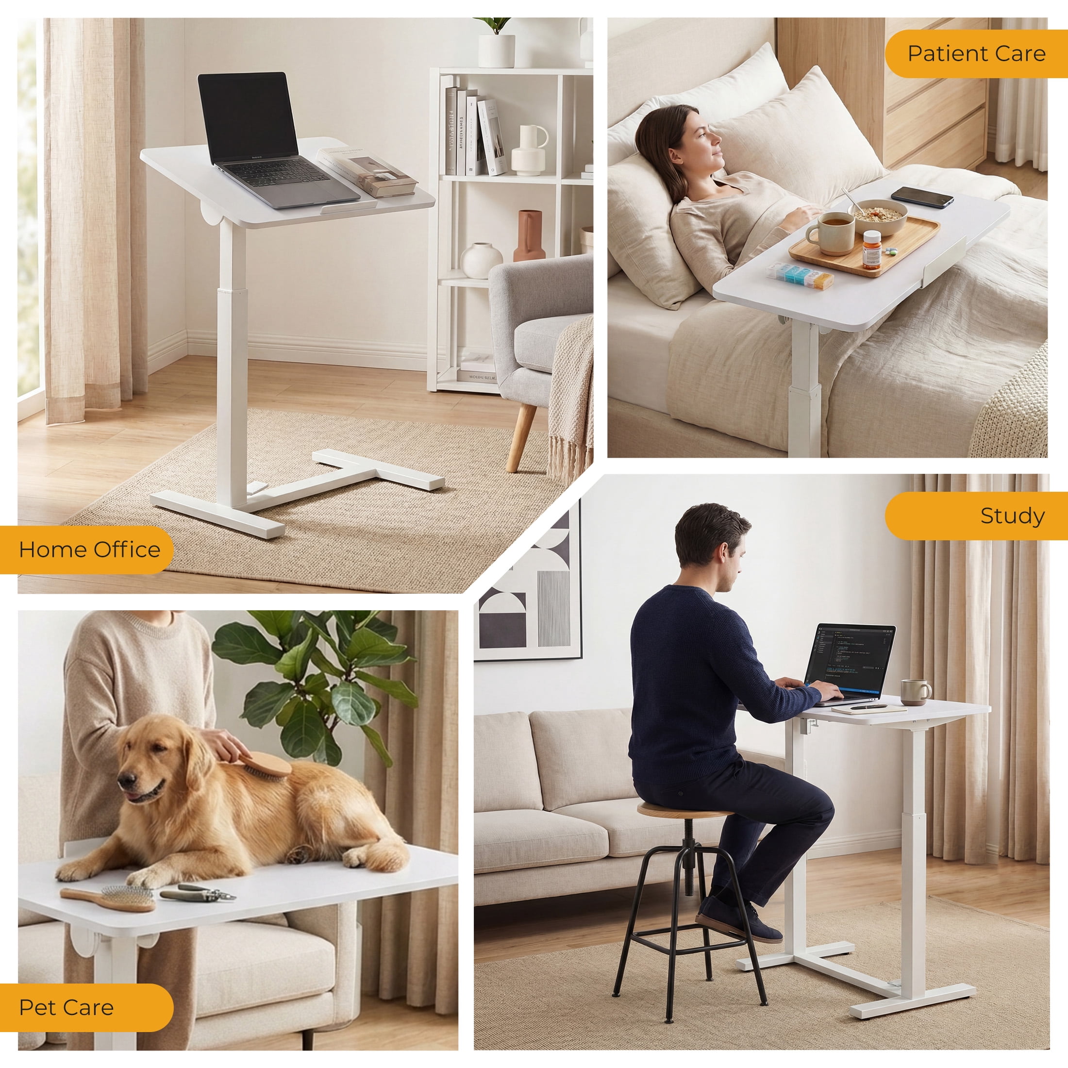 CONCETTA Overbed Table with Wheels Mobile Standing Desk, Adjustable height, Double-Sided Flip, Saves Space for Office, Classroom, White