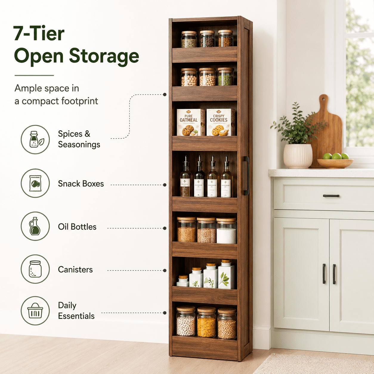 Aukfa 7-Tier Slim Rolling Pantry Cabinet, 68.3" Narrow Pull-Out Kitchen Storage Cart with Handle and Casters,Walnut