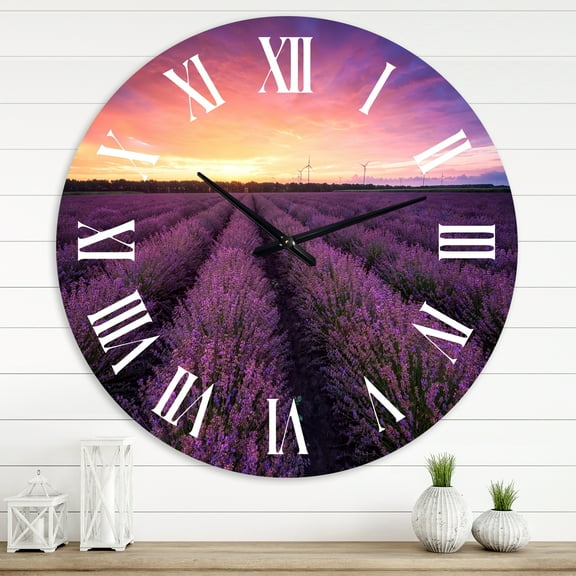 Designart 'Sunrise & Dramatic Clouds Over Lavender Field Xiii' Farmhouse Wall Clock
