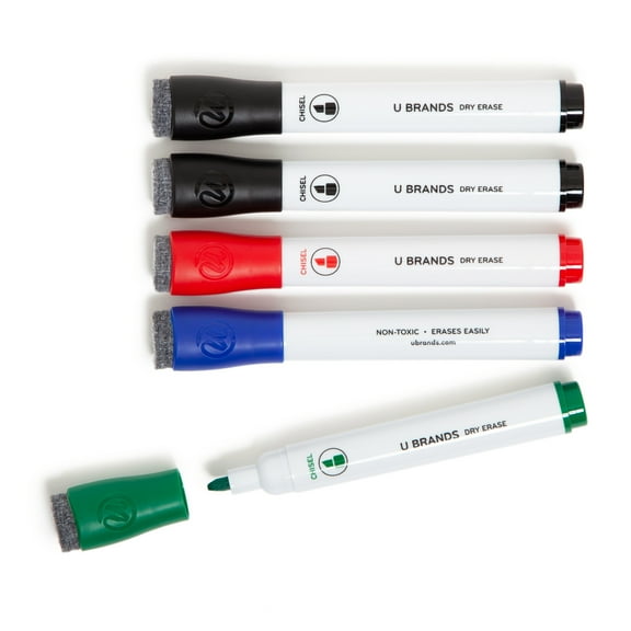U Brands Dry Erase Markers, 5 Count, Assorted Colors, Low-Odor, Chisel (5 mm) Tip