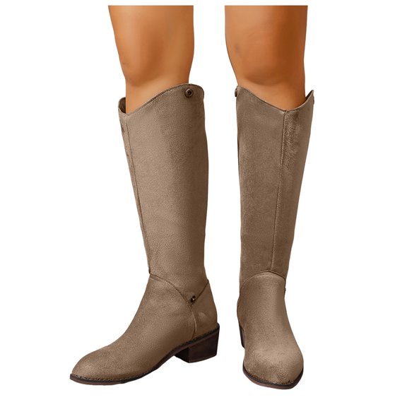 Knee High Boots Women Adjustable Fold Over High Top Ankle Booties Fashion Suede Chunky Heel Pull on Long Boots