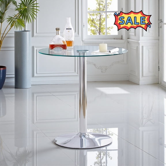 Tcbosik 35 Inch Round Dining Table with Glass Top, Modern Kitchen Table with Metal Legs for Living Room, Space Saving, Transparent Silver