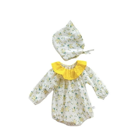 

Baby Girls Outfit Sets Long Sleeve Ruffled Floral Romper With Hat Outfit Set Clothes 2Pcs