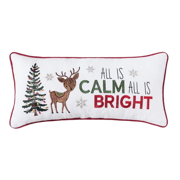 "Calm & Bright" Christmas Tree & Reindeer 100% Cotton Mini Accent Pillow 10" x 20"