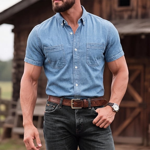 COSFO Work Men's Short-Sleeve Button-Down Shirt Denim Blue Shirt Fishing Classic Fit with Pocket Collared Men's Shirts L