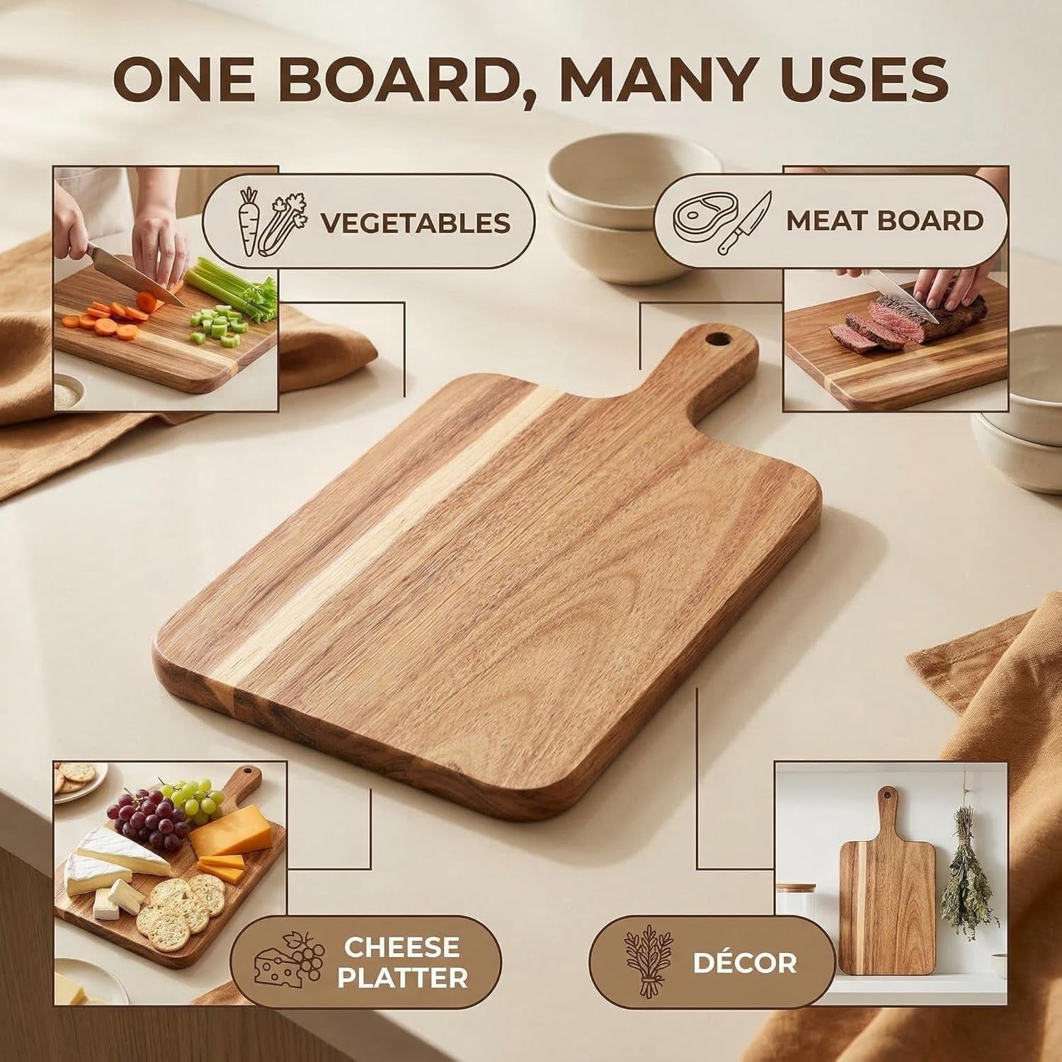 Acacia Wood Cutting Board with Handle (13.8"L x 7"W), Wooden Boards, Chopping Board, Charcuterie Serving board for Cheese, Bread, Pizza, Vegetables & Fruits