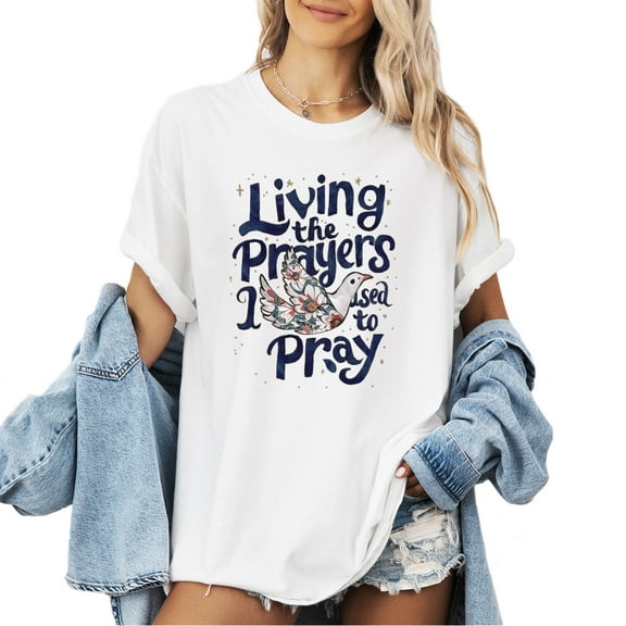 Verita Culture Living With Prayer Christian Graphic T Shirt For Women Inspirational Bible Verse Funny Letter Print Short Sleeve Tee Tops