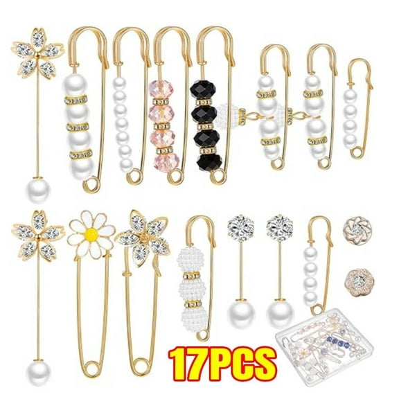 17 PCS Pearl Brooch Safety Pins for Clothes Safety Pin for Women Fashion Sweater Shawl Collar Dresses Cardigan Clips Faux Crystal Pearl Brooches Set Jewelry Decoration Accessories