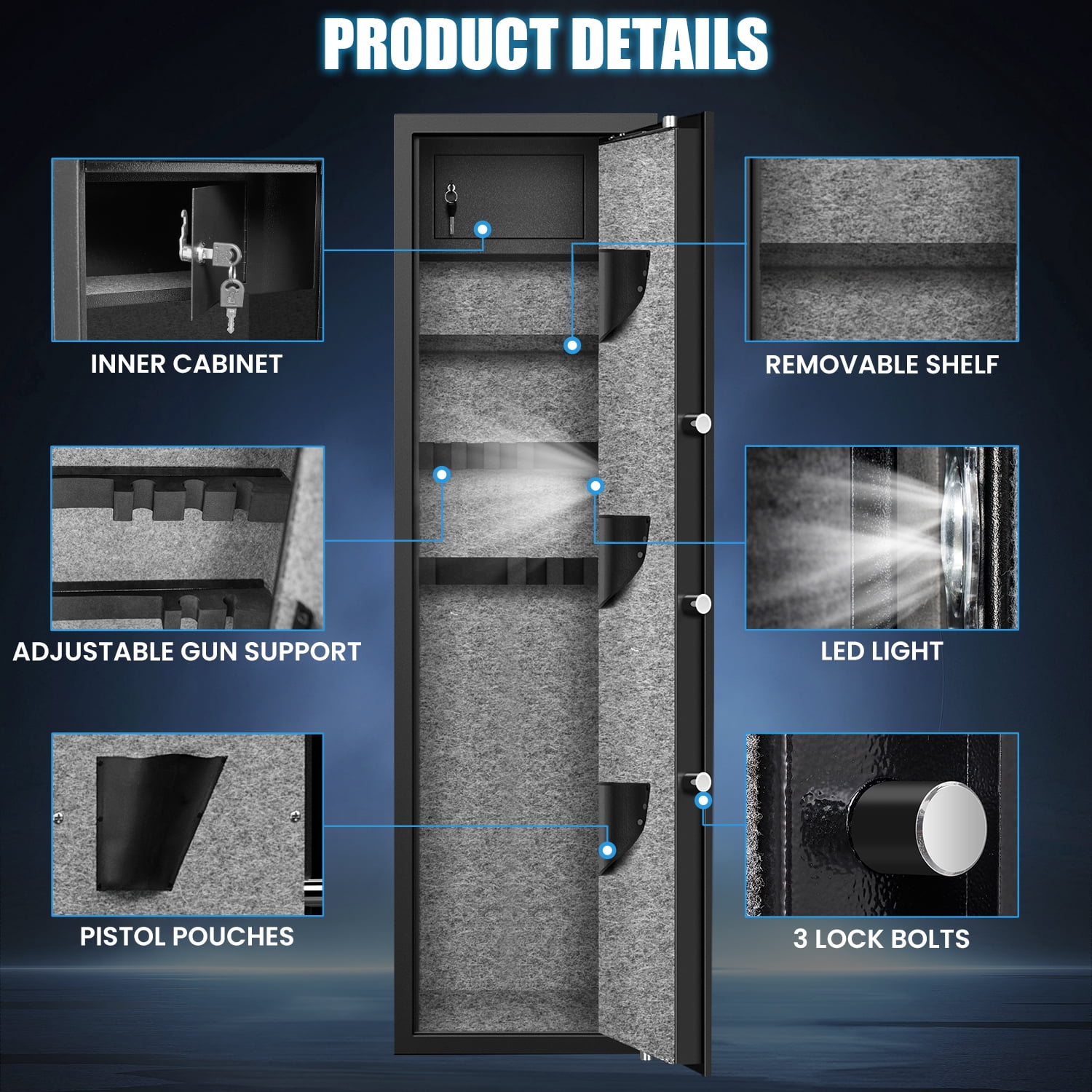 57" Digital Keypad Gun Safe, Quick Access for 5 Guns, Black, with Mute Function