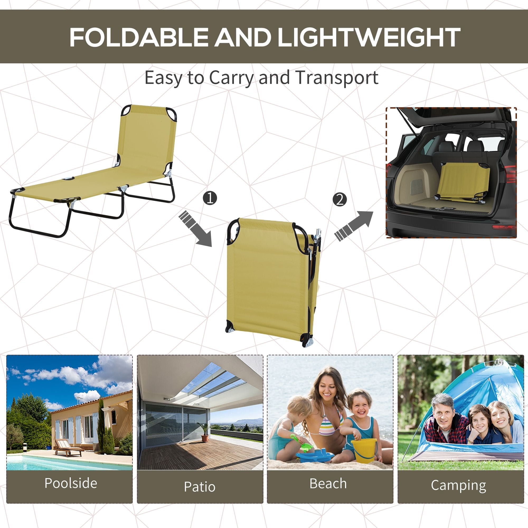 Folding Chaise Lounge Pool Chairs, Outdoor Sun Tanning Chairs with 5-Level Reclining Back, Steel Frame for Beach, Yard, Patio, Beige
