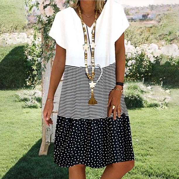 Qucoqpe - Vestido corto informal de talla grande para mujer, de verano, holgado, a la moda, con cuello en V, rayas, lunares, manga corta, volantes, dobladillo escalonado, de lino, para playa y sol,